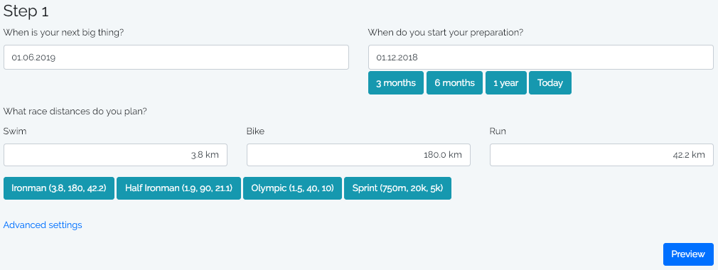 triathlon planning wizard step 1
